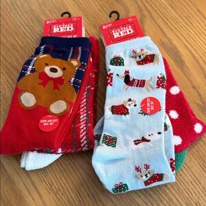 Vintage Festive Bear and Dog Socks Set - Red, Blue, Green